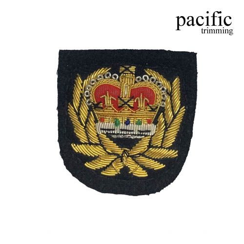 2.5 Inch Zari Embroidery Crown Emblem Badge Patch Sew On Black/Gold