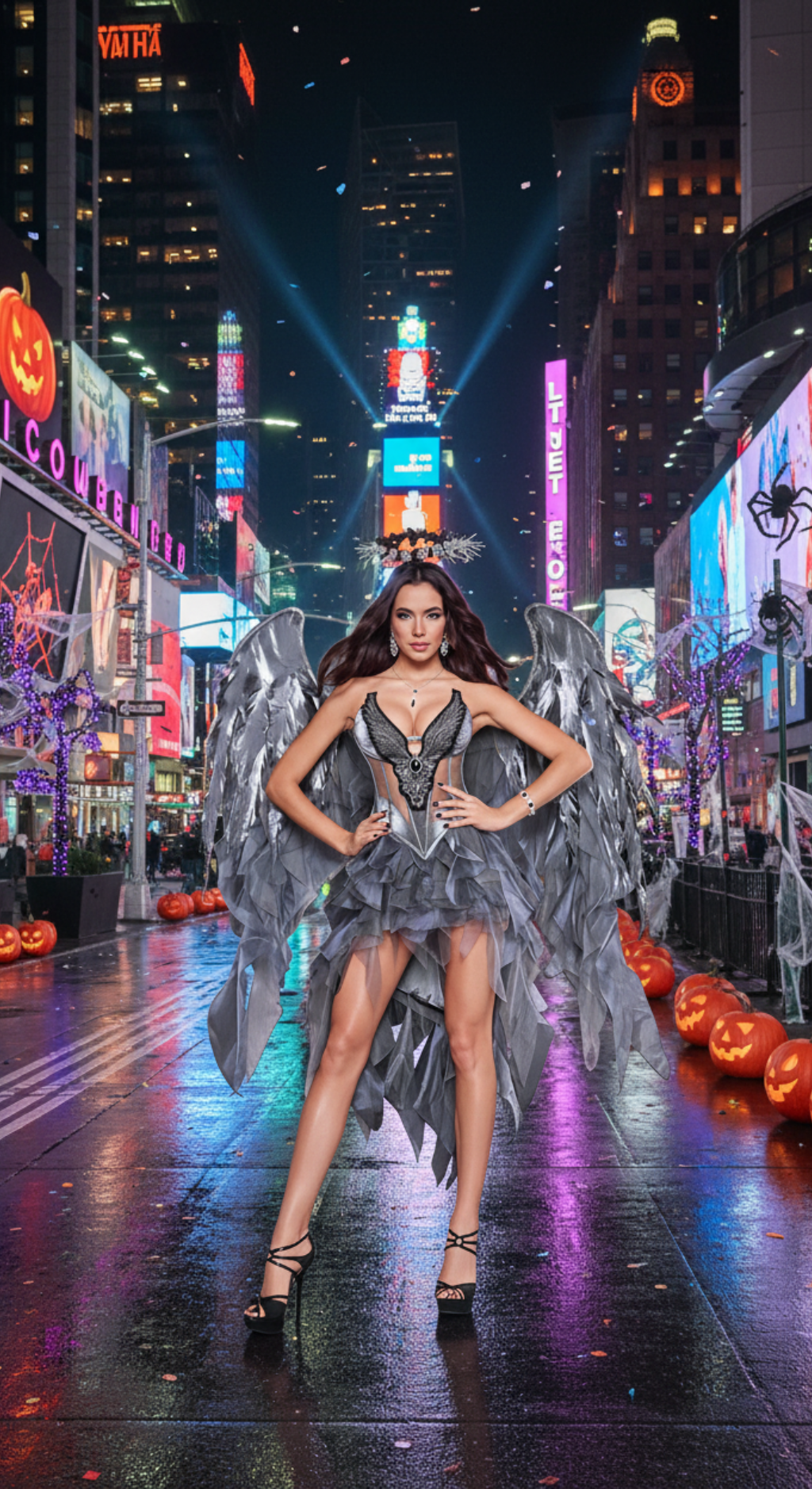 [*Halloween 50% Sale*] Dark Angel Costume - Silver and Grey Angelic Wings with Ruffled Skirt and Halo for Halloween