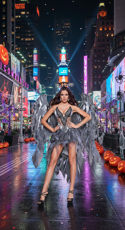[*Halloween 50% Sale*] Dark Angel Costume - Silver and Grey Angelic Wings with Ruffled Skirt and Halo for Halloween