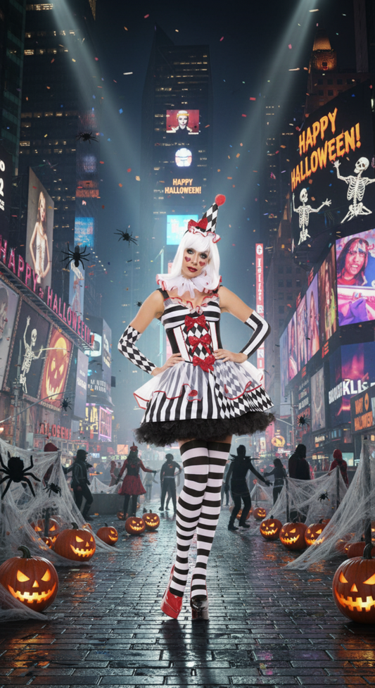 [*Halloween 30% Sale*]Harlequin Clown Costume - Black and White Striped Dress with Red Accents for Halloween
