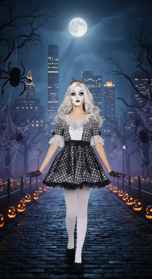 [*Halloween 30% Sale*]Creepy Doll Costume - Black and White Plaid Dress with Lace Accents for Halloween