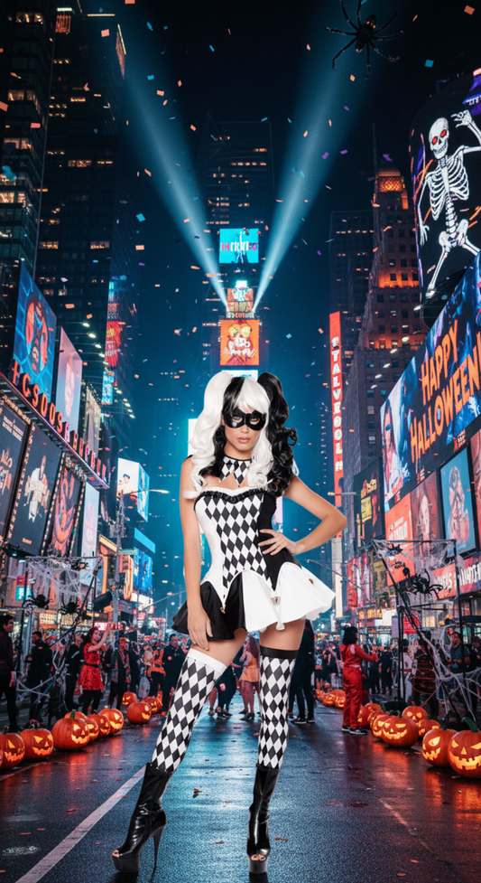 [*Halloween 30% Sale*]Harlequin Clown Costume - Black and White Diamond Pattern with Mask and Thigh-High Socks for Halloween