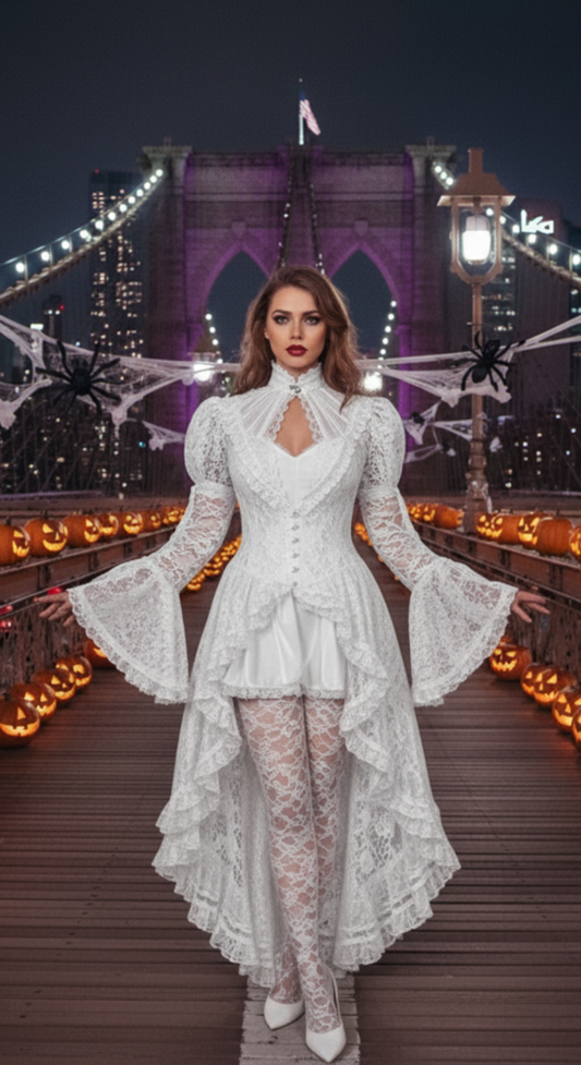 [*Halloween 30% Sale*]Victorian Lace Gothic Dress - Lace High Neck Dress for Halloween in four colors