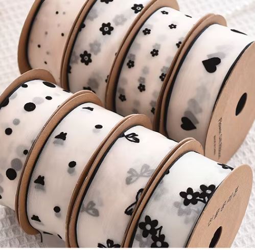 4cm Flocked Floral Organza Ribbon