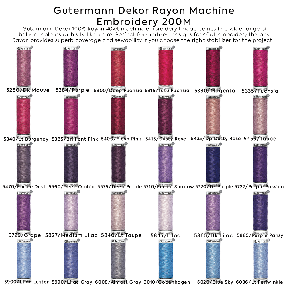 Gutermann Dekor Rayon Machine Embroidery 200M Colors #5280 to #6036