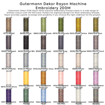 Gutermann Dekor Rayon Machine Embroidery 200M Colors #8777 to #9998