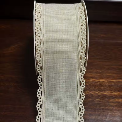 Scalloped Eyelet Lace Edge Faux Linen Wired Ribbon