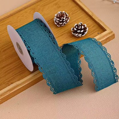 Scalloped Eyelet Lace Edge Faux Linen Wired Ribbon