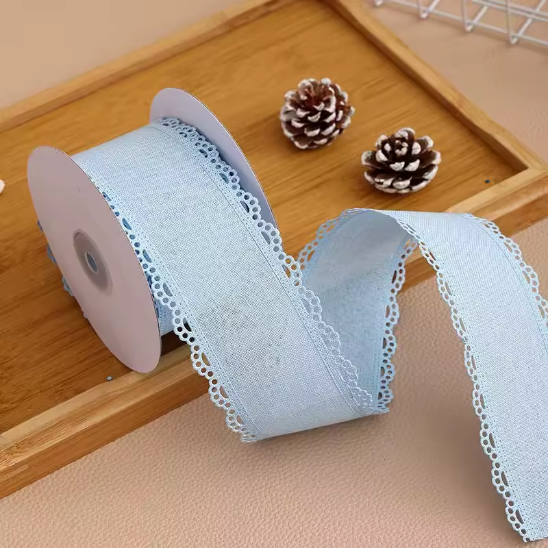 Scalloped Eyelet Lace Edge Faux Linen Wired Ribbon