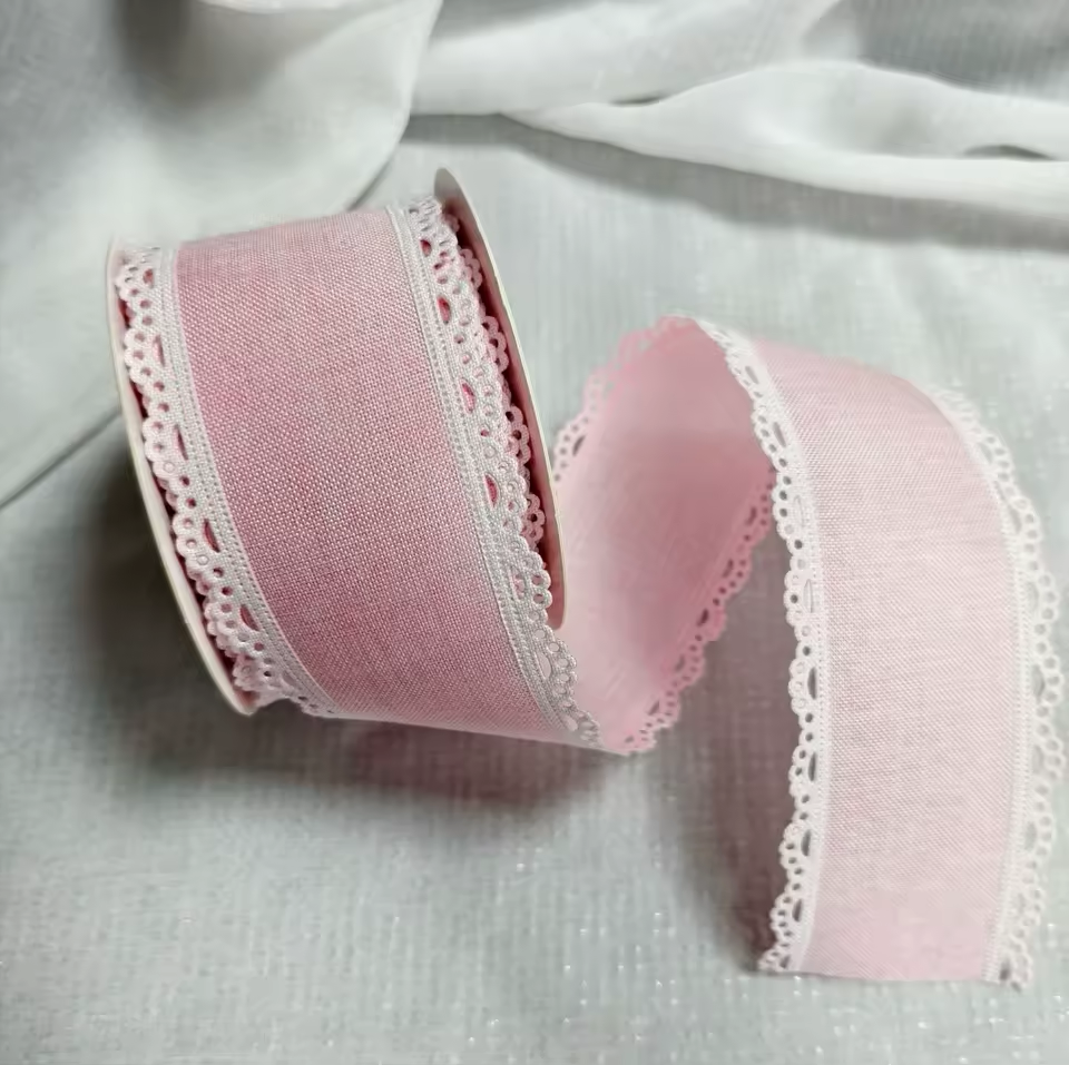 Scalloped Eyelet Lace Edge Faux Linen Wired Ribbon