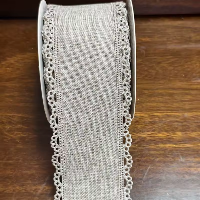 Scalloped Eyelet Lace Edge Faux Linen Wired Ribbon