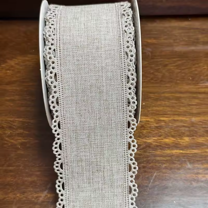 Scalloped Eyelet Lace Edge Faux Linen Wired Ribbon