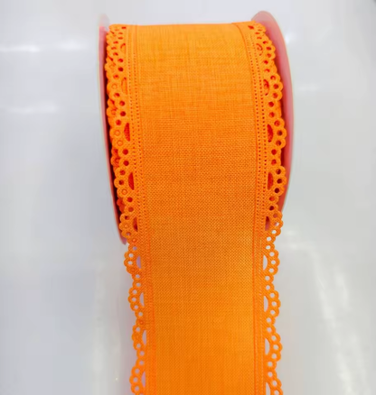 Scalloped Eyelet Lace Edge Faux Linen Wired Ribbon