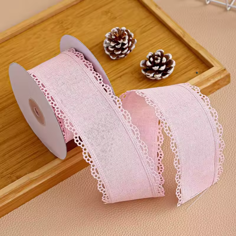 Scalloped Eyelet Lace Edge Faux Linen Wired Ribbon