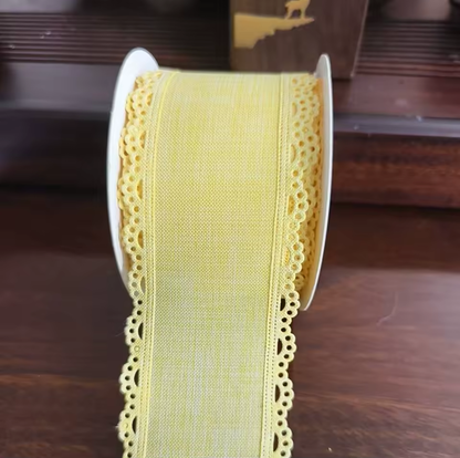 Scalloped Eyelet Lace Edge Faux Linen Wired Ribbon