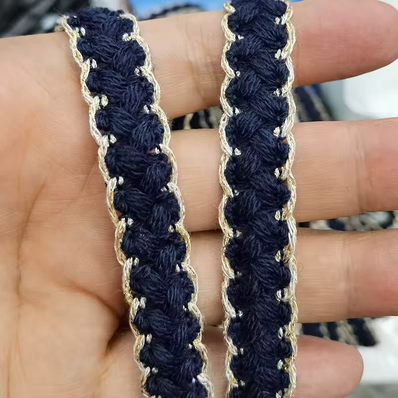 Textured Metallic Edge Braided Trim - Navy/Silver / Yard