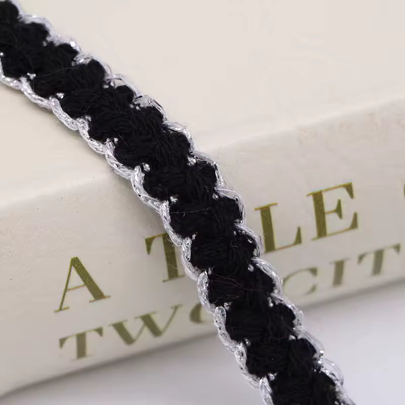 Textured Metallic Edge Braided Trim - Black/Silver / Yard