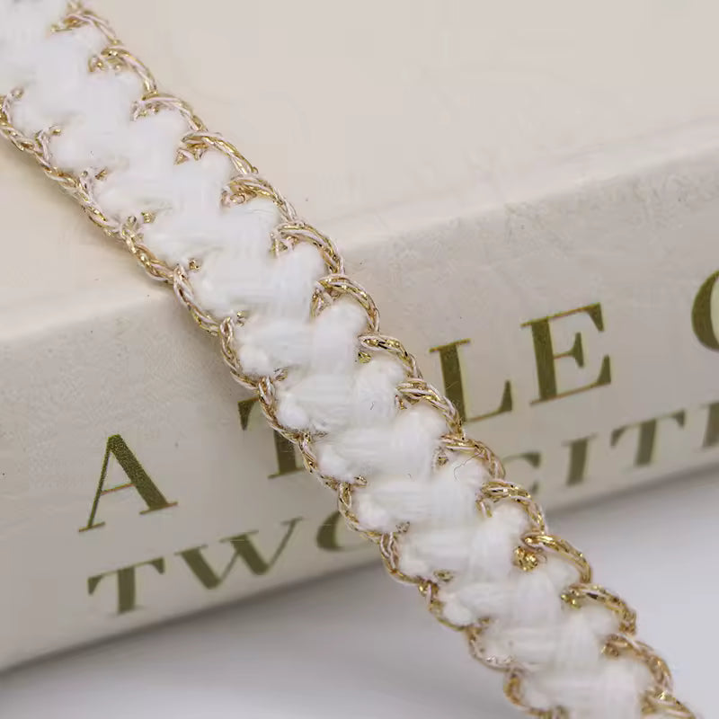 Textured Metallic Edge Braided Trim - White/Gold / Yard
