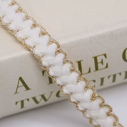 Textured Metallic Edge Braided Trim - White/Gold / Yard
