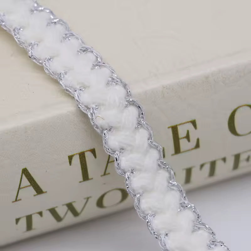 Textured Metallic Edge Braided Trim - White/Silver / Yard