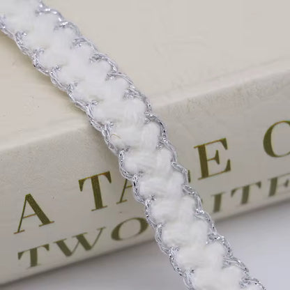 Textured Metallic Edge Braided Trim - White/Silver / Yard