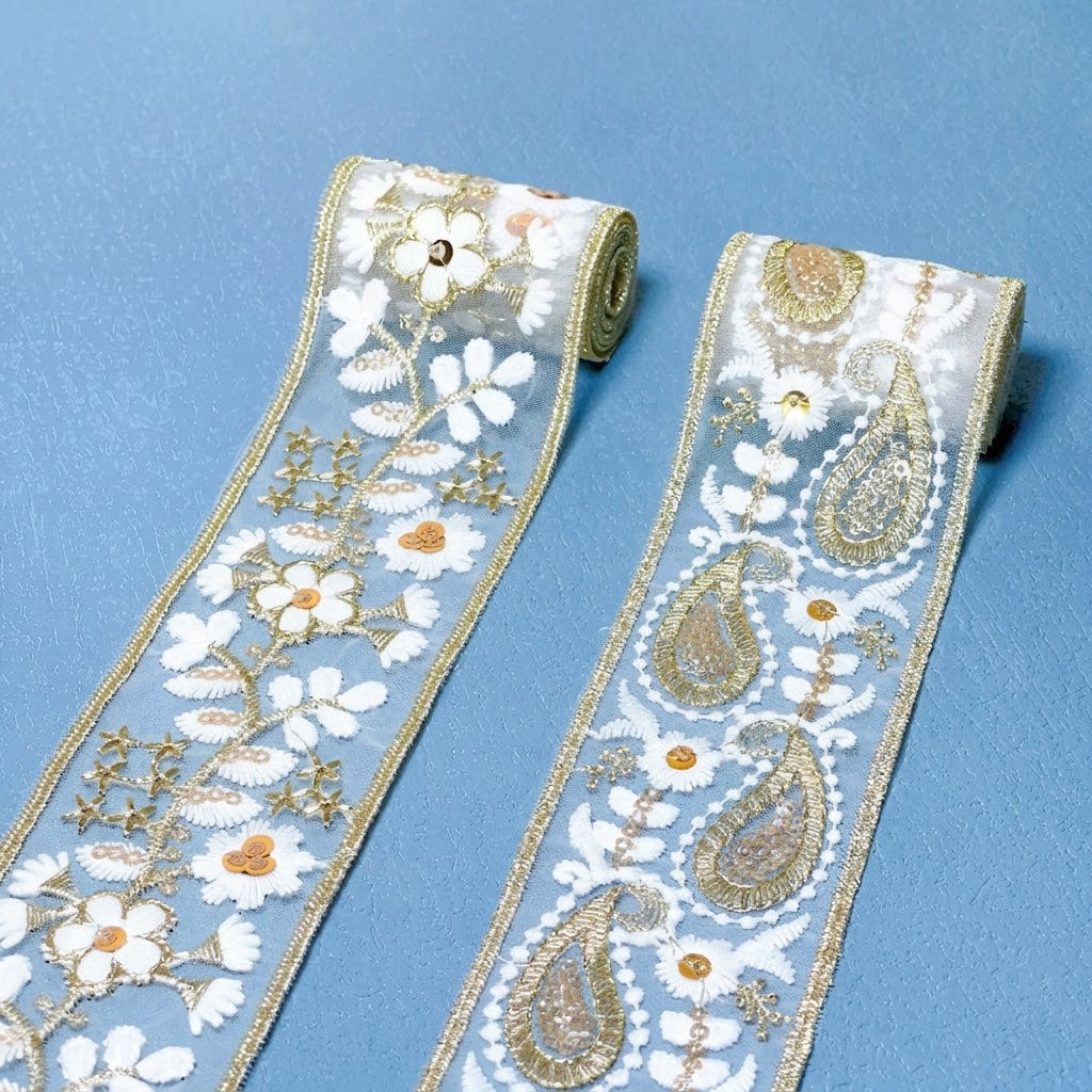 White Gold Sequin Guipure Lace Trim (5cm)