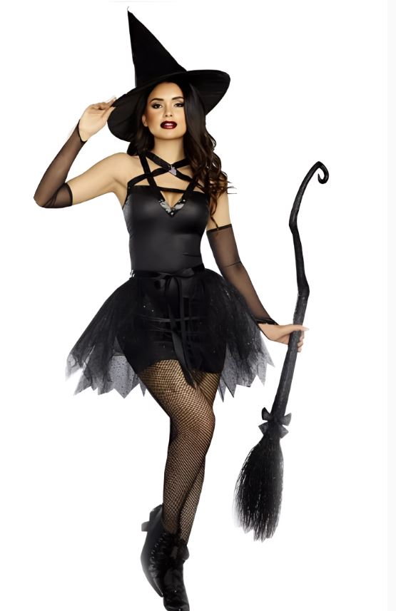 [*Halloween 30% Sale*]Sexy Witch Costume - Black Strappy Dress with Tulle Skirt and Witch Hat for Halloween