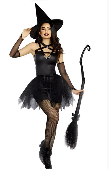 [*Halloween 30% Sale*]Sexy Witch Costume - Black Strappy Dress with Tulle Skirt and Witch Hat for Halloween