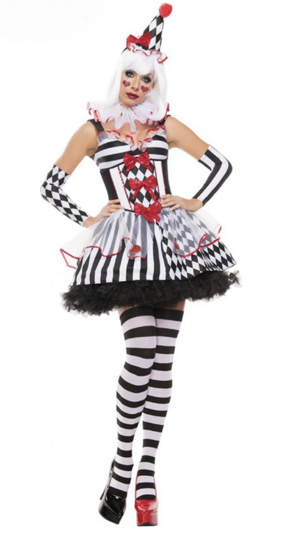 [*Halloween 30% Sale*]Harlequin Clown Costume - Black and White Striped Dress with Red Accents for Halloween