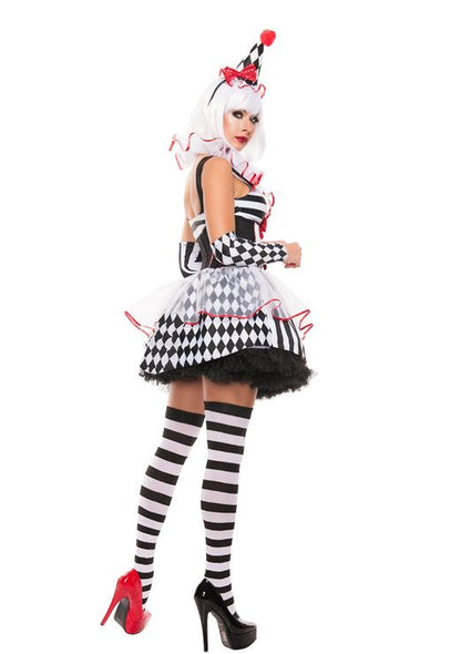 [*Halloween 30% Sale*]Harlequin Clown Costume - Black and White Striped Dress with Red Accents for Halloween