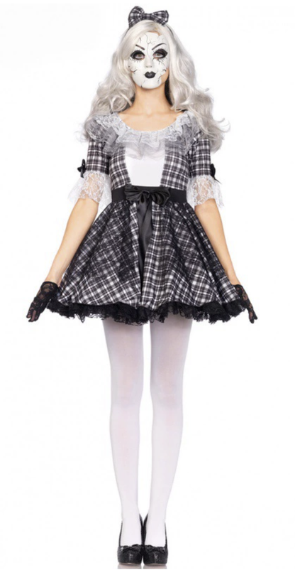 [*Halloween 30% Sale*]Creepy Doll Costume - Black and White Plaid Dress with Lace Accents for Halloween