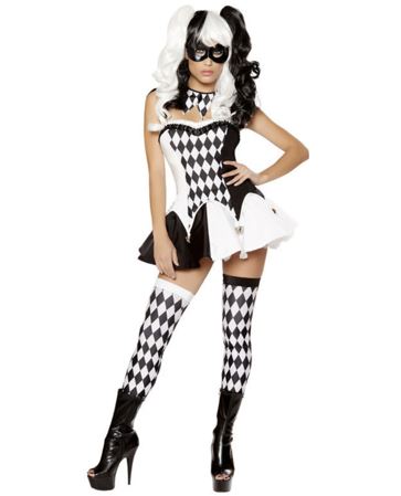 [*Halloween 30% Sale*]Harlequin Clown Costume - Black and White Diamond Pattern with Mask and Thigh-High Socks for Halloween