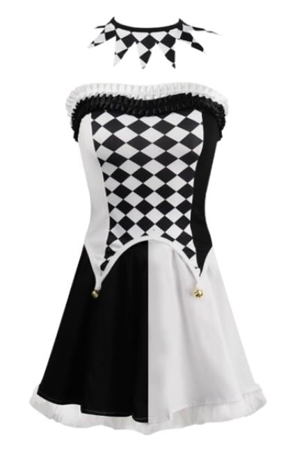 [*Halloween 30% Sale*]Harlequin Clown Costume - Black and White Diamond Pattern with Mask and Thigh-High Socks for Halloween