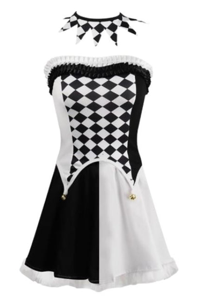 [*Halloween 30% Sale*]Harlequin Clown Costume - Black and White Diamond Pattern with Mask and Thigh-High Socks for Halloween