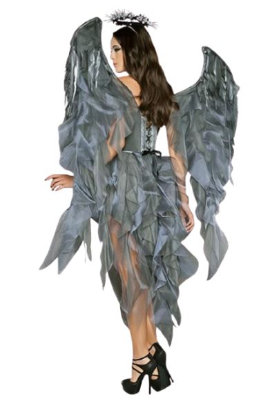 [*Halloween 50% Sale*] Dark Angel Costume - Silver and Grey Angelic Wings with Ruffled Skirt and Halo for Halloween