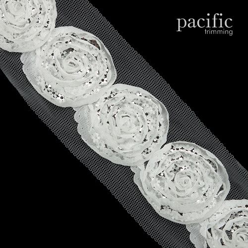 1.5 Inch Chiffon Rosette Trim White