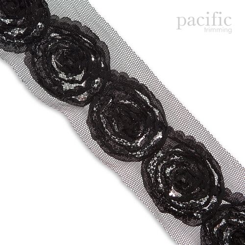 1.5 Inch Chiffon Rosette Trim Black