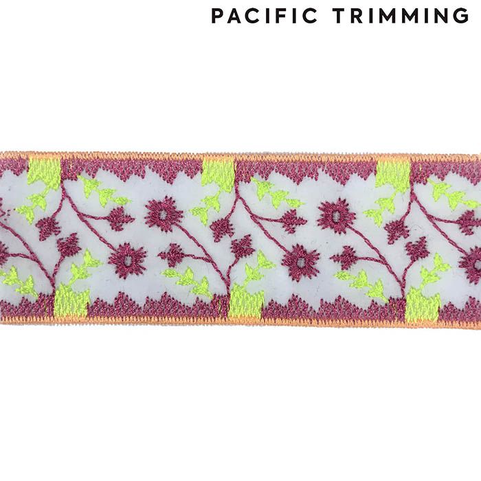 1.5 Inch Embroidered Trim White/Pink/Neon Green